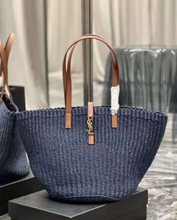 ysl large blue panier raffia tote