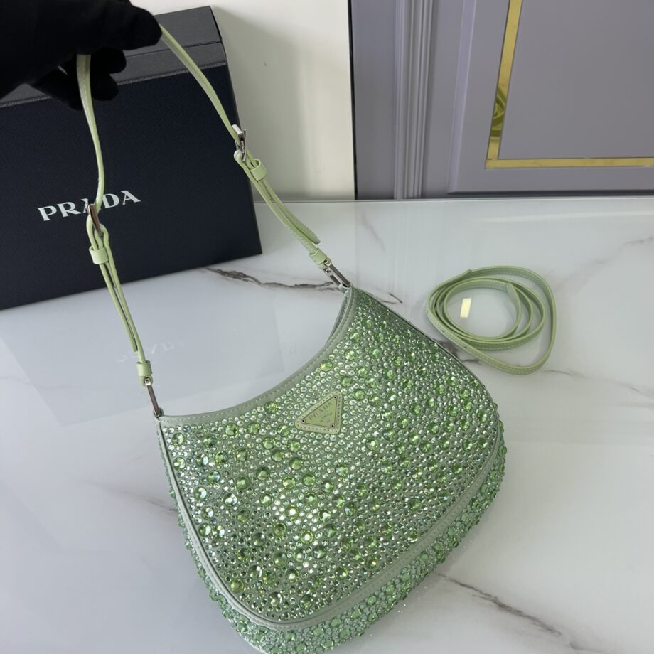 PRADA 1BC169 Green Cleo Satin Bag With Crystals