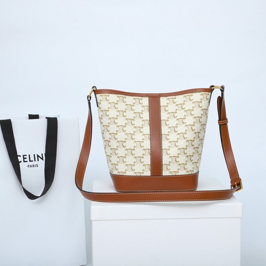 celine 191442 white small bucket in triomphe canvas and calfskin