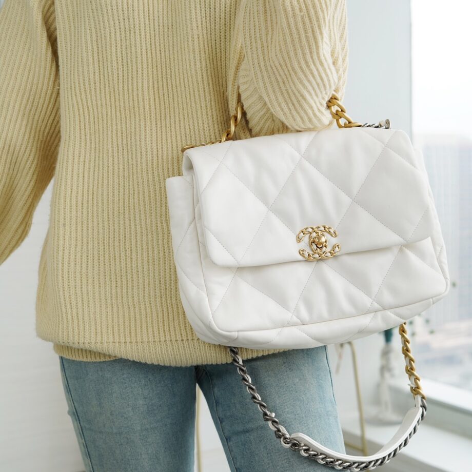 Chanel White & Gold Hardware Italian Gaiera Lambskin 19 Large Handbag