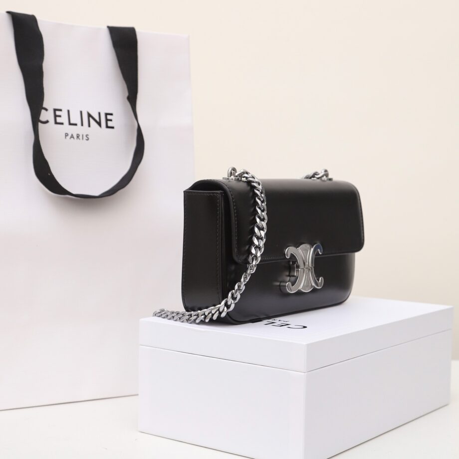 Celine 197993 Black&Silverchain Shoulder Bag Triomphe In Shiny Calfskin