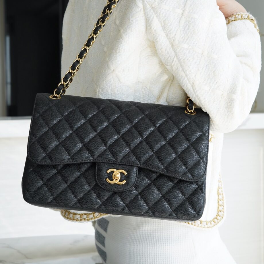 Chanel Black & Gold Hardware Imported From France Grained Calfskin Large Classic Handbag