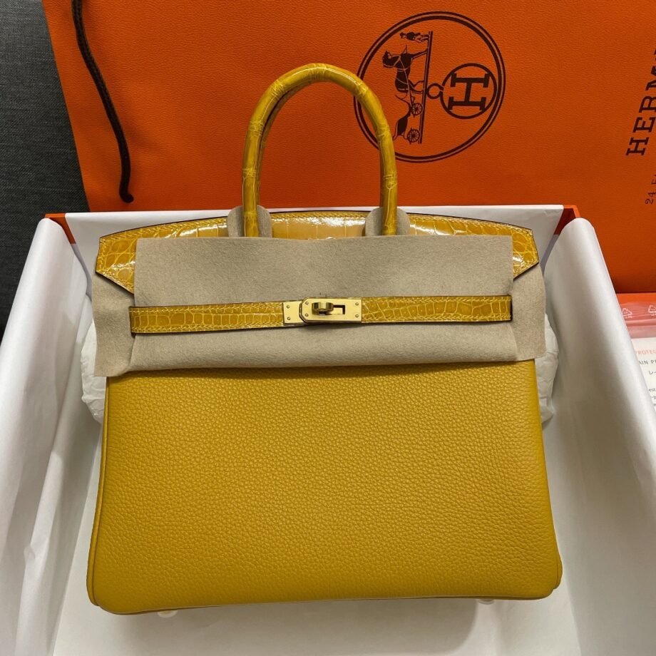 HermèS Birkin25 Yellow Touch Togo Cowhide & Nile Crocodile Leather Hand-Stitched Birkin25