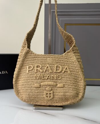 PRADA 1BG186 Raffia Hand-Woven Shoulder Bag