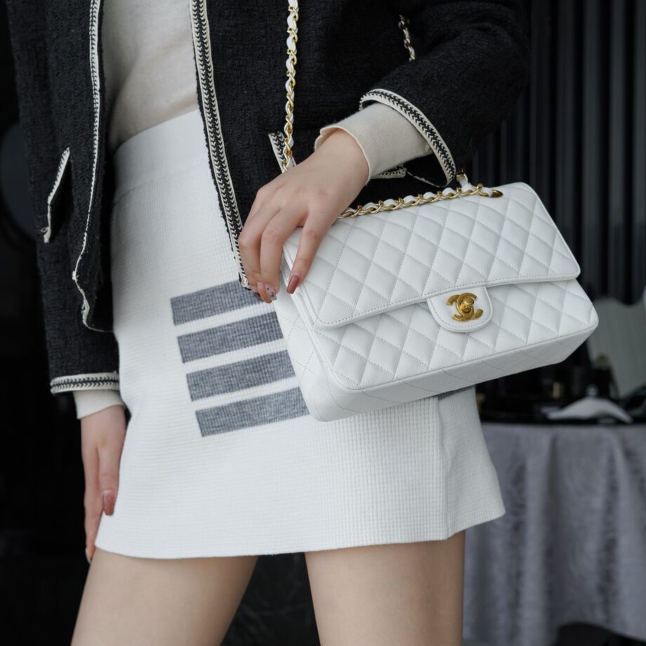 Chanel White & Gold Hardware Italian Cowhide Classic Handbag