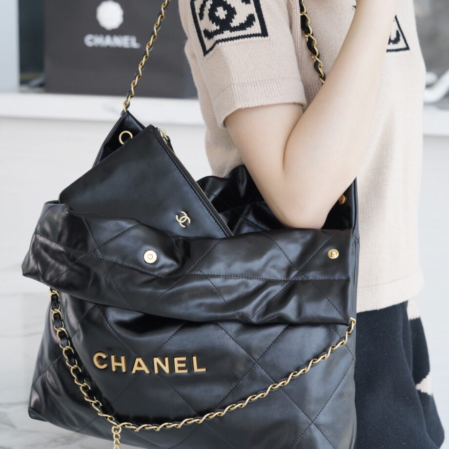 Chanel AS3261 Medium Black Shiny Calfskin & Gold-Tone Metal Chanel 22 Small Handbag