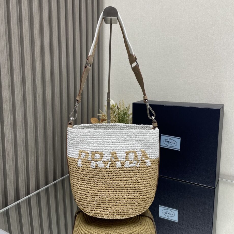 PRADA 1BE063 Raffia Bucket Bag