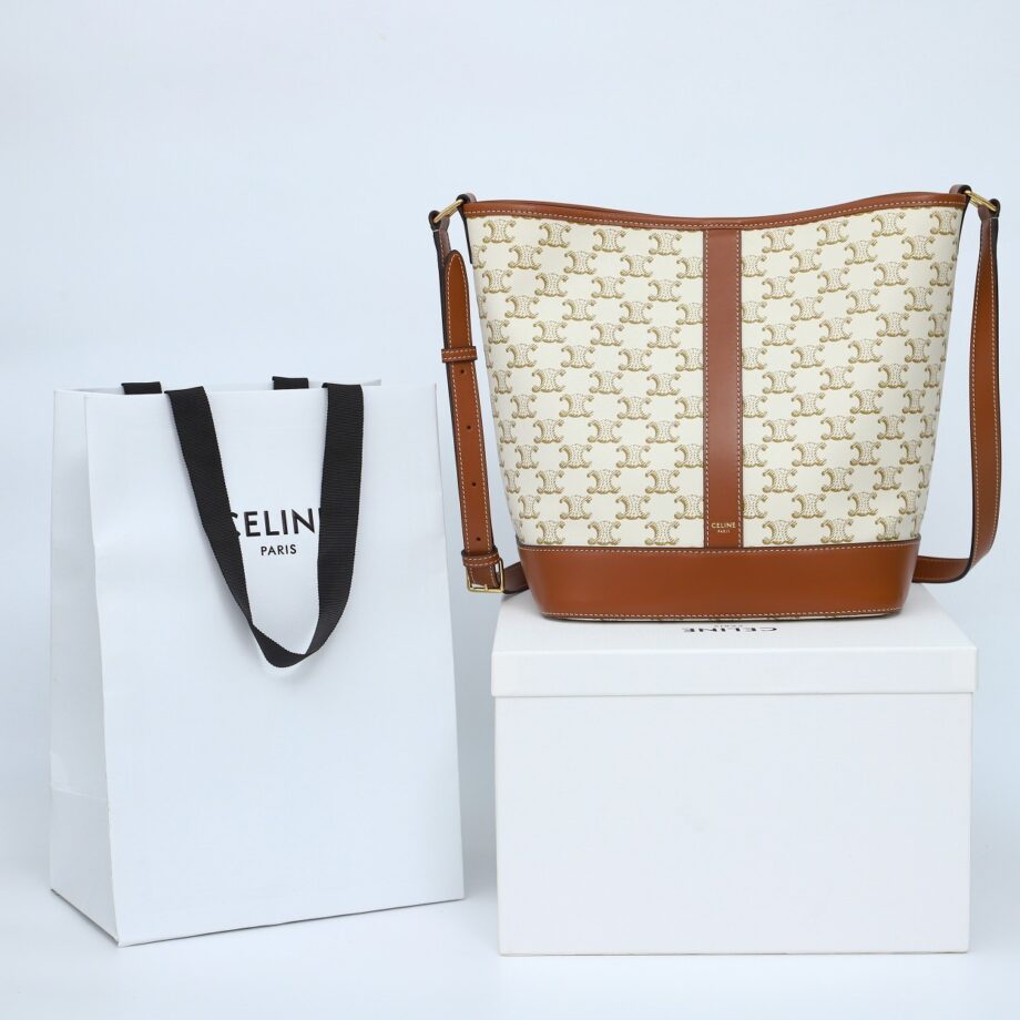 celine 191132 white medium bucket in triomphe canvas and calfskin