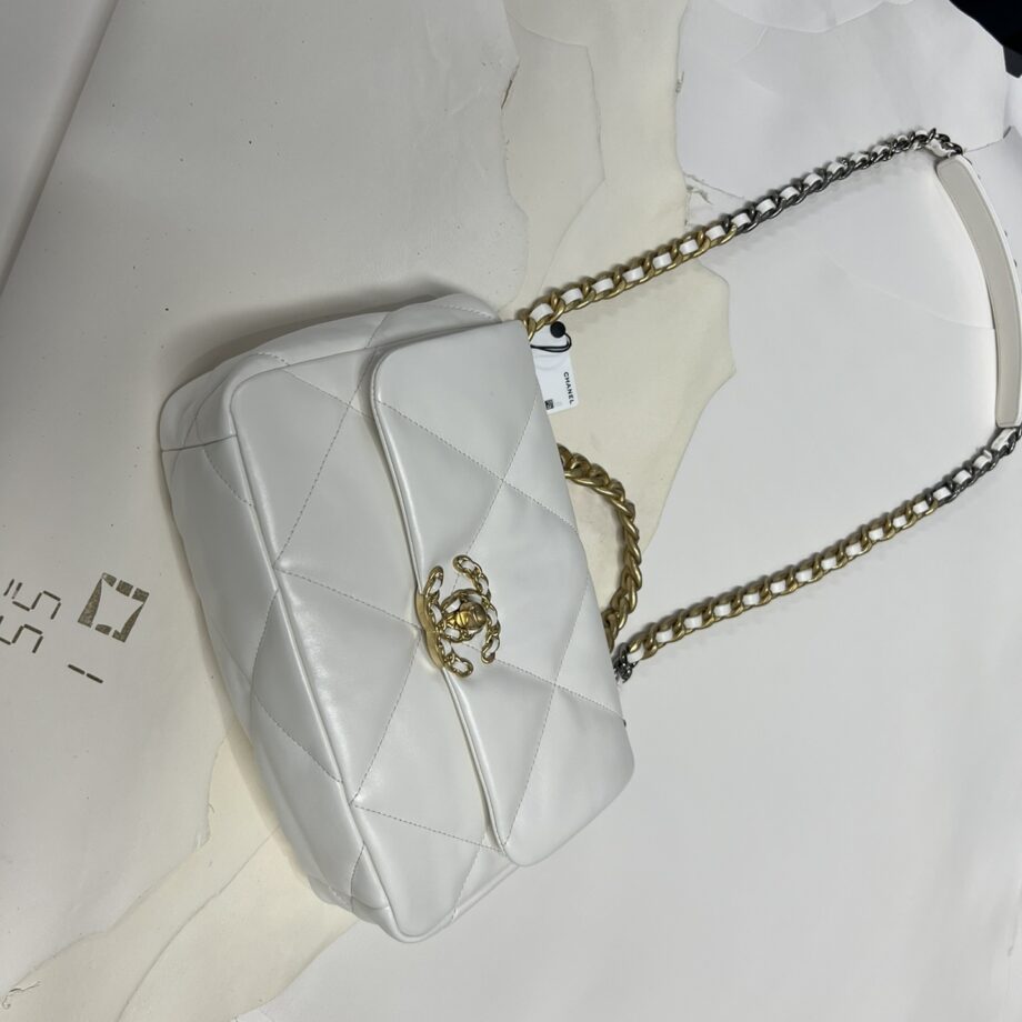 Chanel White & Gold Hardware Italian Gaiera Lambskin 19 Handbag