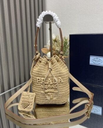 PRADA 1 BE068 Straw Bucket Bag