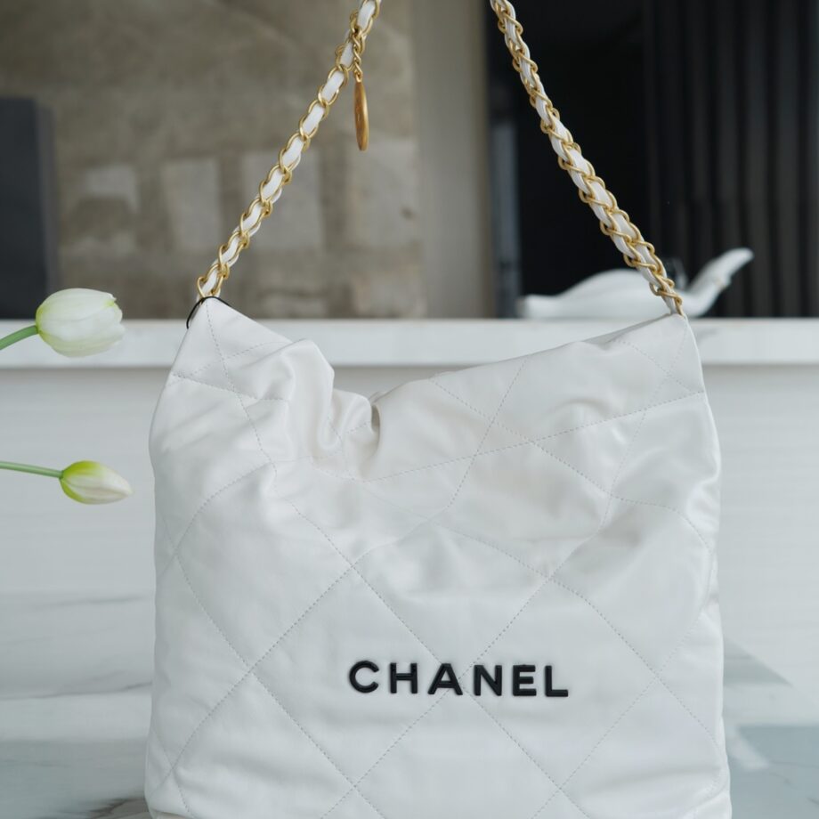 Chanel AS3260 Small White Shiny Calfskin & Gold-Tone Metal Chanel 22 Small Handbag