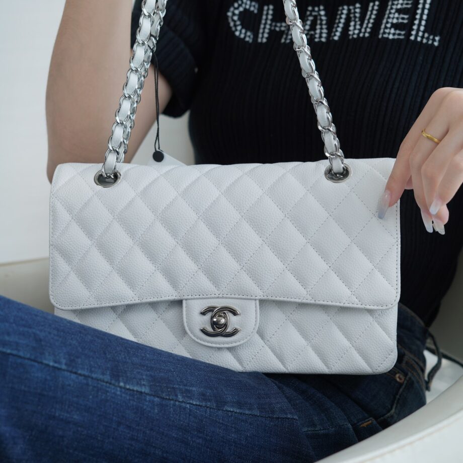 Chanel White & Silver Hardware Italian Cowhide Classic Handbag