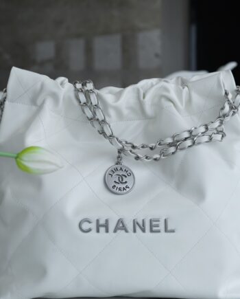 Chanel AS3260 Small White Shiny Calfskin & Silver-Tone Metal Chanel 22 Small Handbag