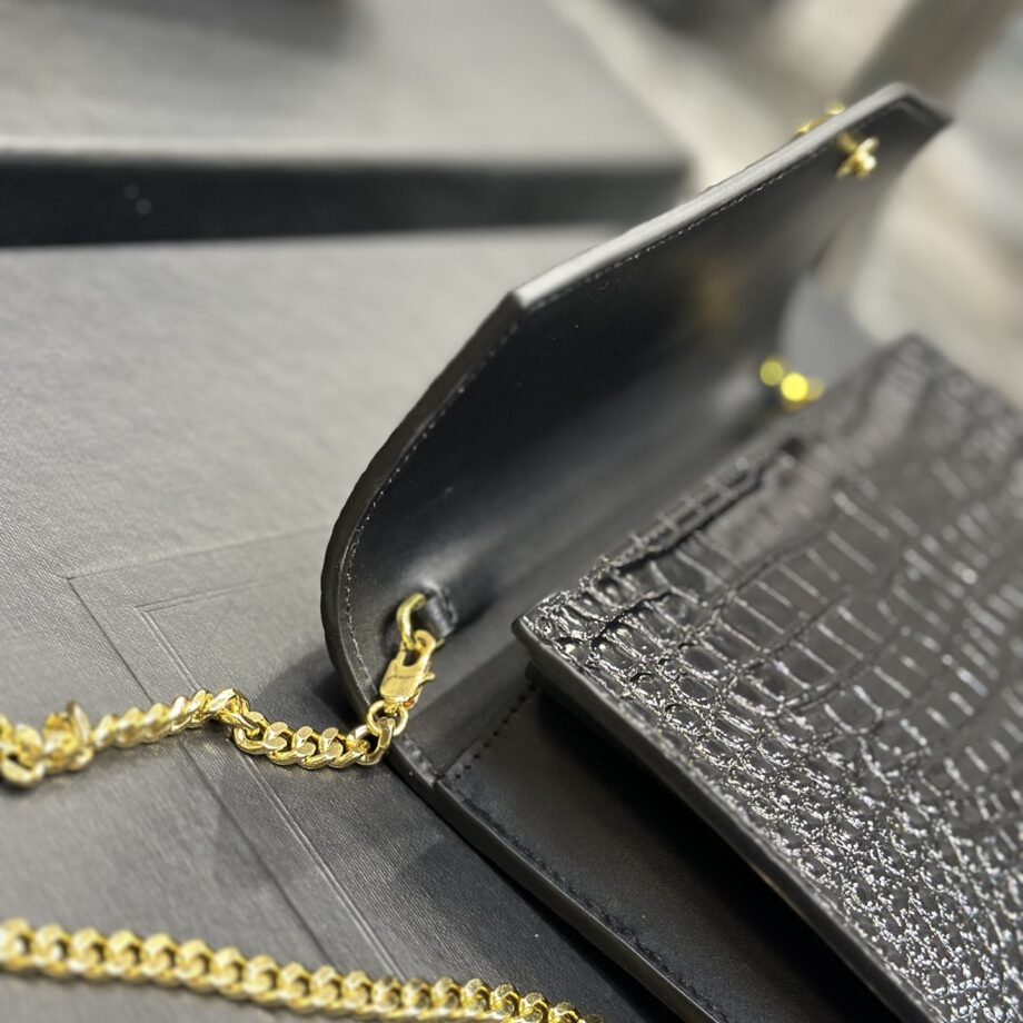 ysl crocodile pattern gold-toned metal hardware uptown chain wallet in crocodile-embossed shiny leather