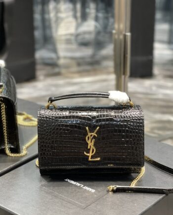 ysl black sunset chain wallet in crocodile-embossed shiny leather