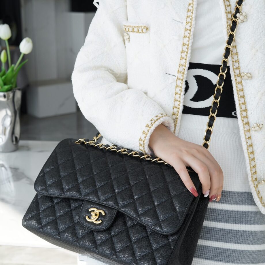 Chanel Black & Gold Hardware Imported From France Grained Calfskin Large Classic Handbag