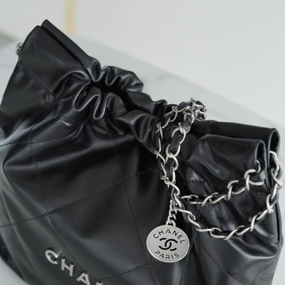 Chanel AS3260 Small Black Shiny Calfskin & Silver-Tone Metal Metal Chanel 22 Small Handbag