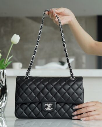 Chanel Black & Silver Hardware Italian Gaiera Lambskin Classic Handbag