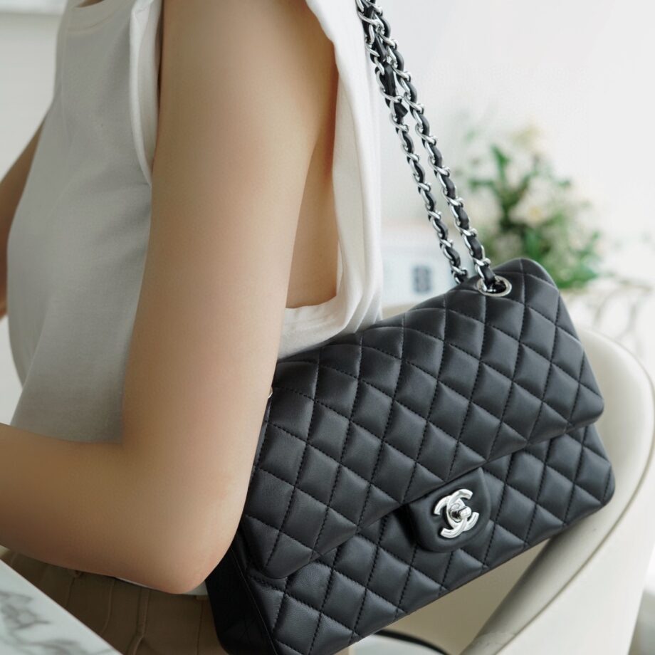 Chanel Black & Silver Hardware Italian Gaiera Lambskin Classic Handbag