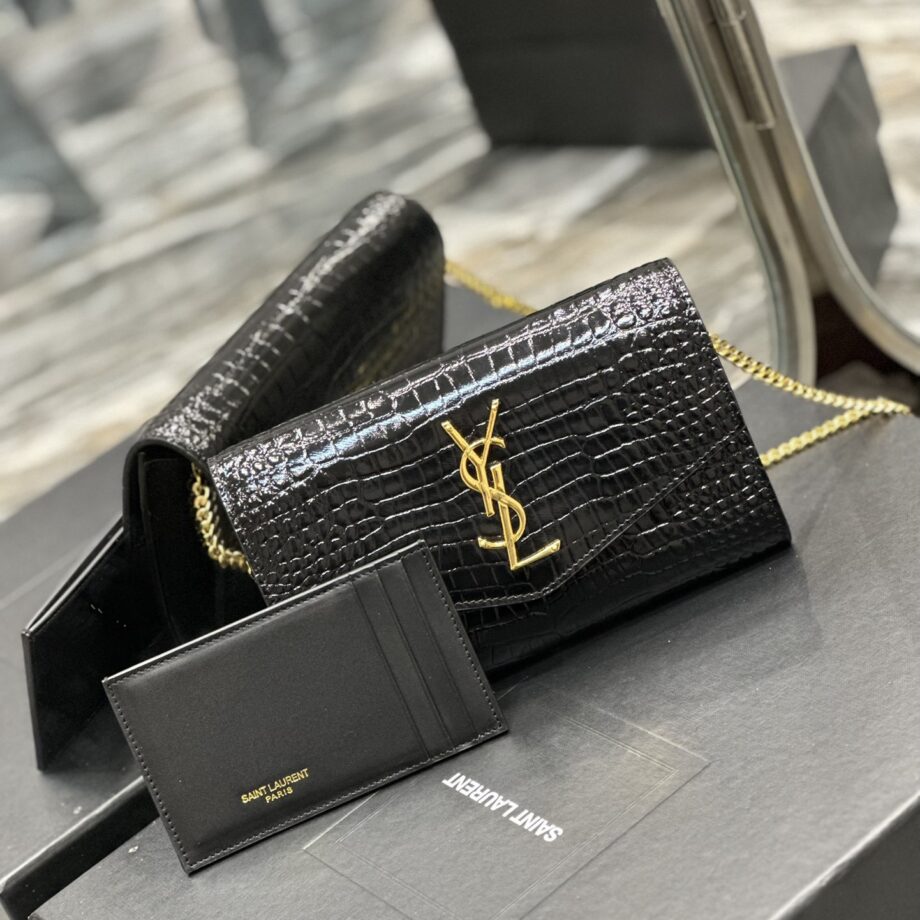 ysl crocodile pattern gold-toned metal hardware uptown chain wallet in crocodile-embossed shiny leather