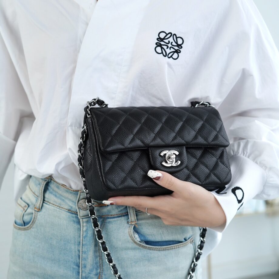 Chanel Black & Silver Hardware French Imported Grained Calf Leather Mini Classic Handbag