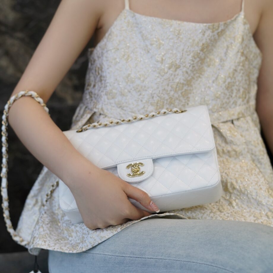 Chanel White & Gold Hardware French Haas Calfskin Classic Handbag