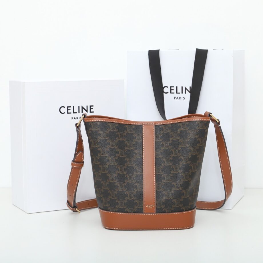 celine 191442 tan small bucket in triomphe canvas and calfskin