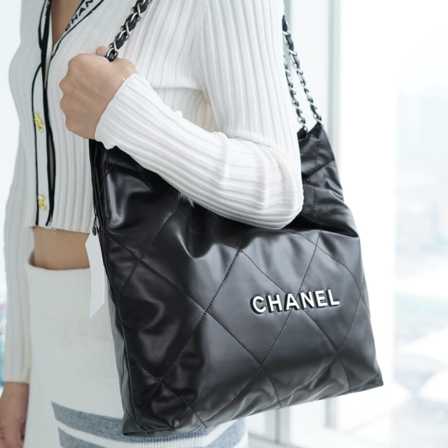 Chanel AS3260 Small Black Shiny Calfskin & Silver-Tone Metal Metal Chanel 22 Small Handbag