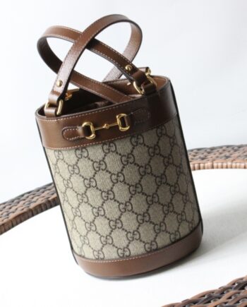 gucci 637115 horsebit buckle 1955 brand new round bucket bag with gg supreme canvas material and brown leather