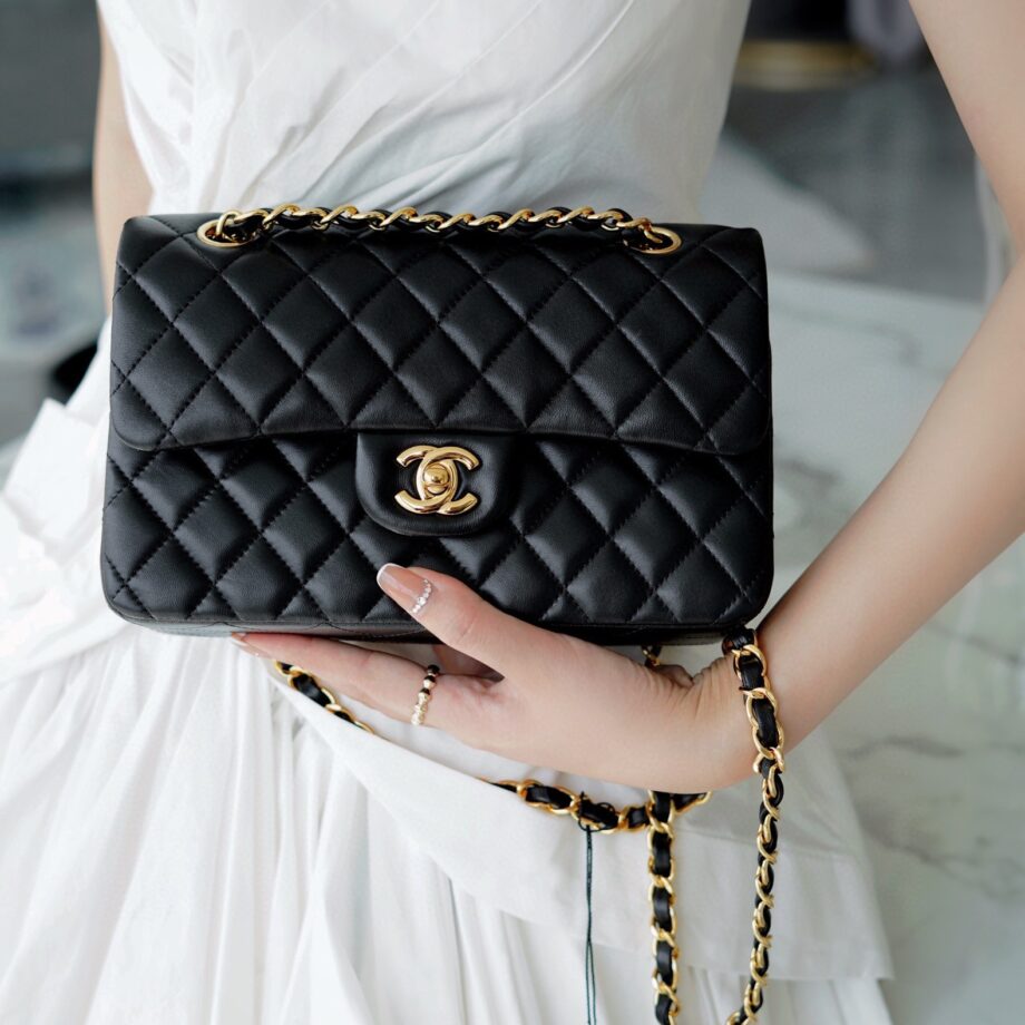 Chanel Black & Gold Hardware Italian Gaiera Lambskin Small Classic Handbag