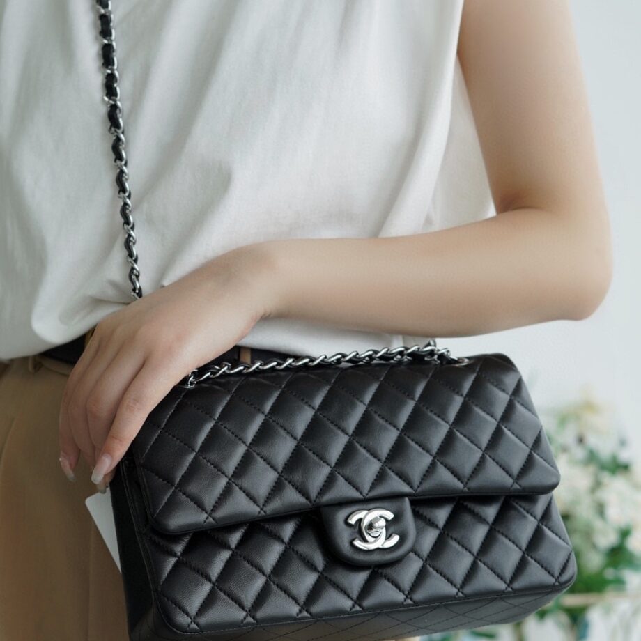 Chanel Black & Silver Hardware Italian Gaiera Lambskin Classic Handbag