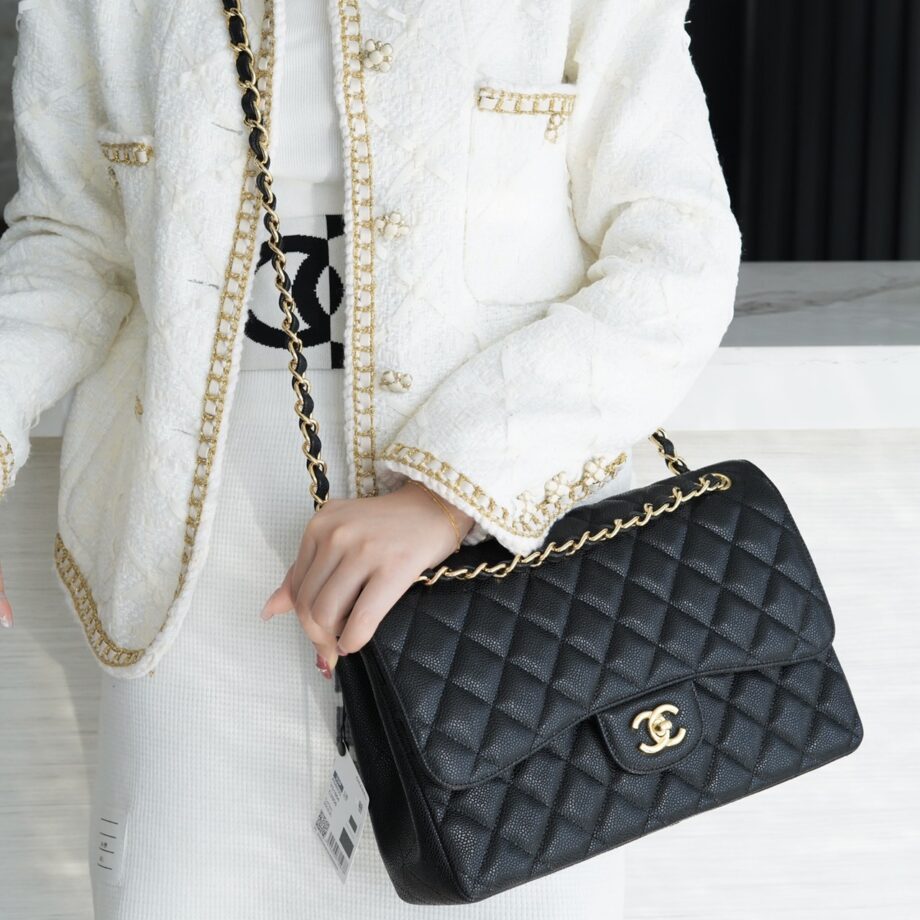 Chanel Black & Gold Hardware Imported From France Grained Calfskin Large Classic Handbag