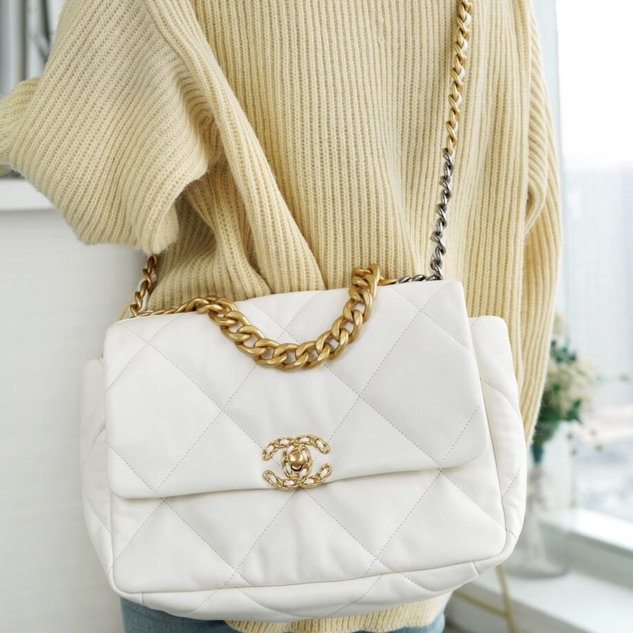 Chanel White & Gold Hardware Italian Gaiera Lambskin 19 Large Handbag