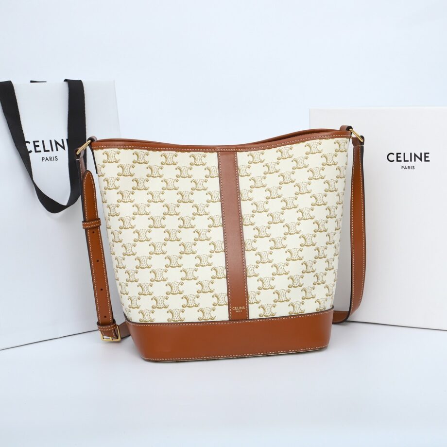 celine 191132 white medium bucket in triomphe canvas and calfskin