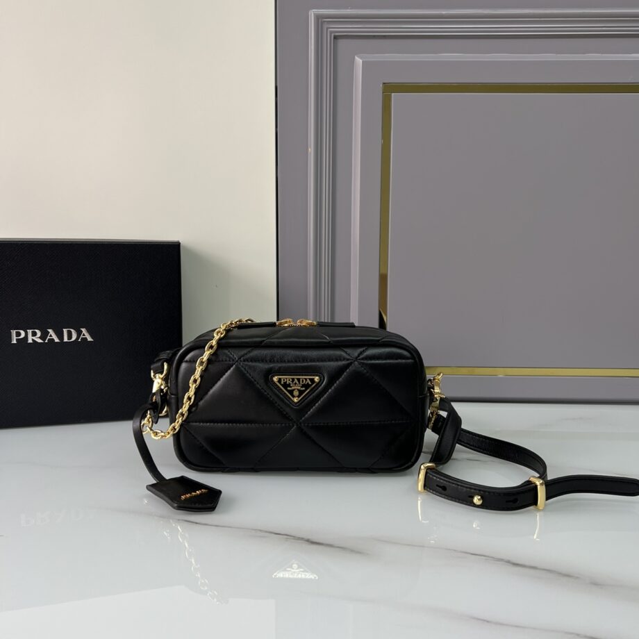 PRADA 1BH197 Black Quilted Leather Camera Bag