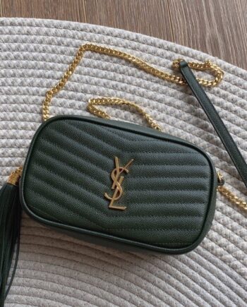 ysl mini lou dark green quilted grain embossed leather mini handbag