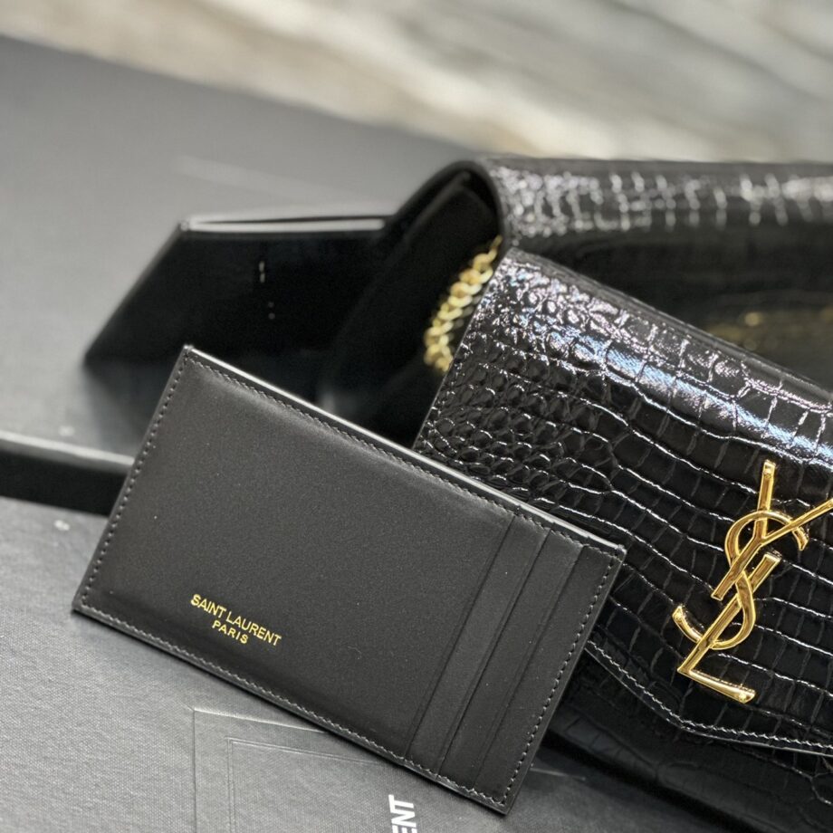 ysl crocodile pattern gold-toned metal hardware uptown chain wallet in crocodile-embossed shiny leather