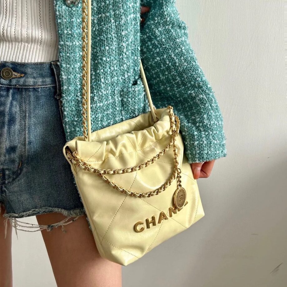 Chanel AS3980 Mini Light Yellow Shiny Calfskin & Gold-Tone Metal Chanel 22 Mini Handbag