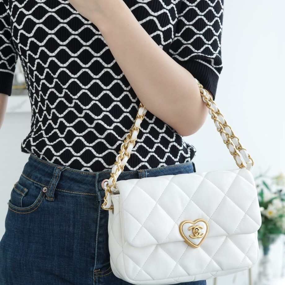 Chanel White & Love Enamel Buckle Italy Imported Lambskin New Mini Flap Bag