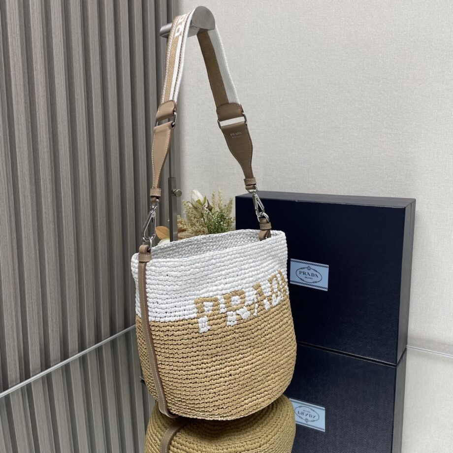 PRADA 1BE063 Raffia Bucket Bag