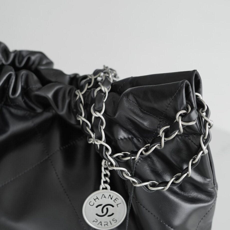 Chanel AS3260 Small Black Shiny Calfskin & Silver-Tone Metal Metal Chanel 22 Small Handbag