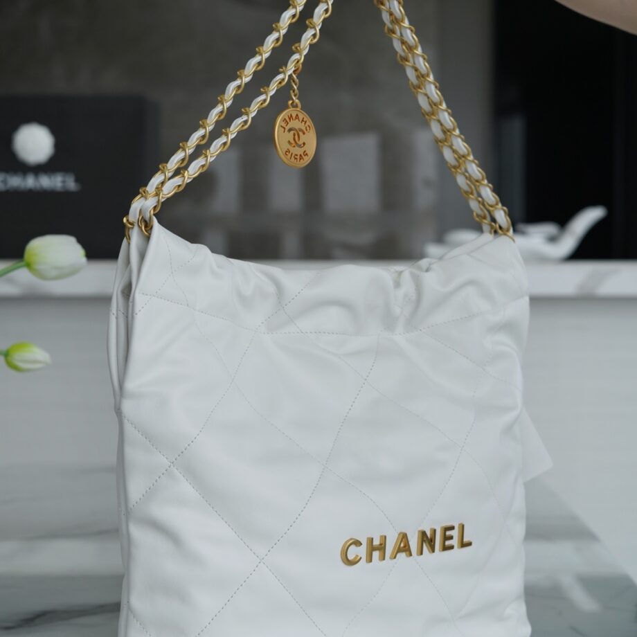 Chanel AS3260 Small White Shiny Calfskin & Gold-Tone Metal Chanel 22 Small Handbag