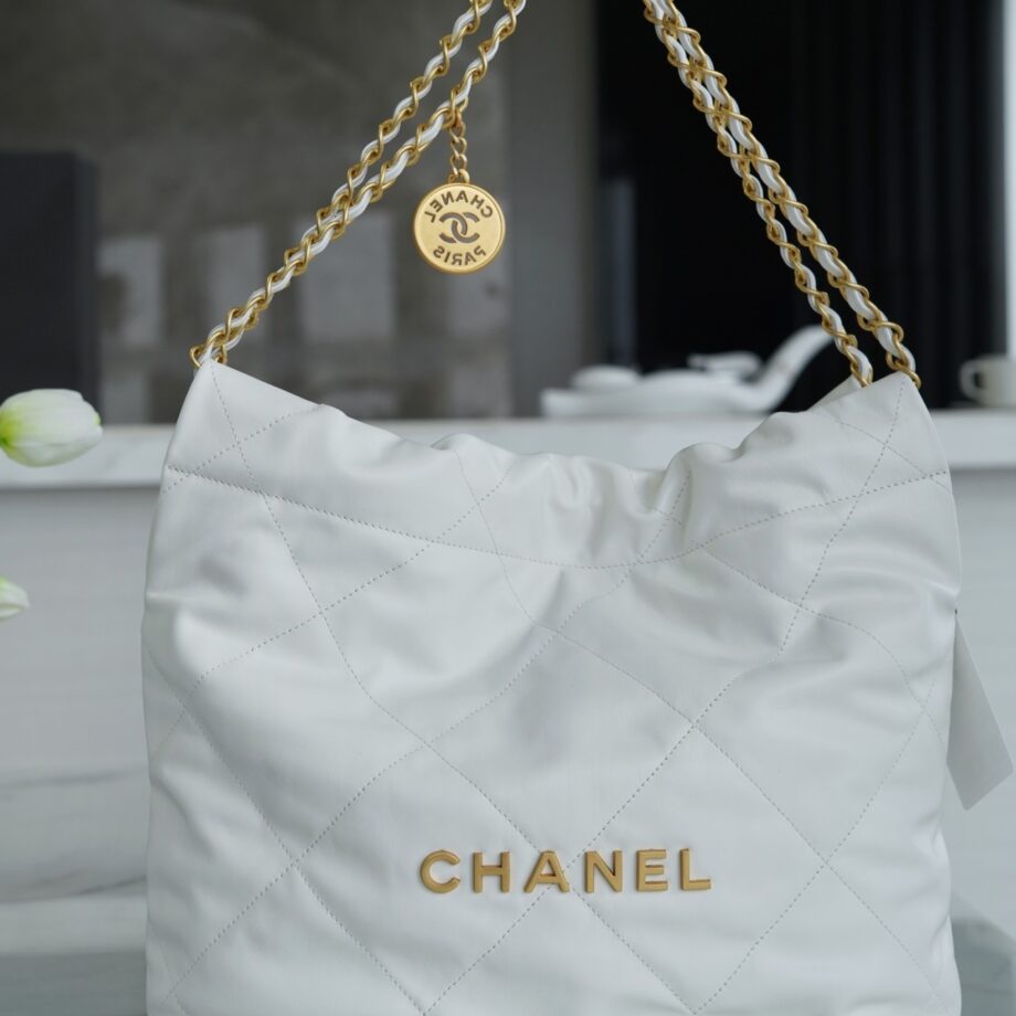 Chanel AS3260 Small White Shiny Calfskin & Gold-Tone Metal Chanel 22 Small Handbag