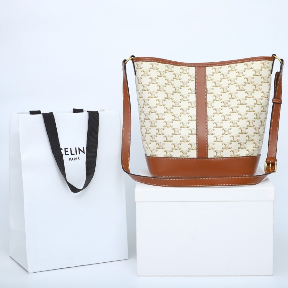 celine 191132 white medium bucket in triomphe canvas and calfskin