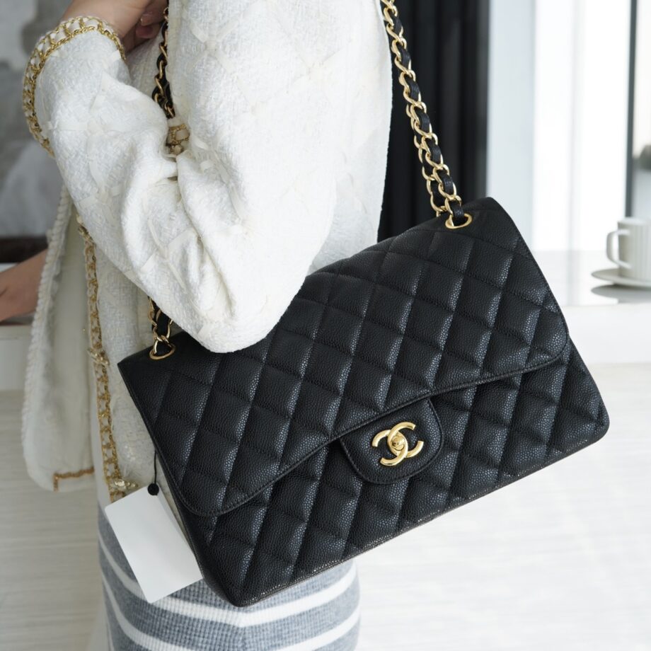 Chanel Black & Gold Hardware Imported From France Grained Calfskin Large Classic Handbag