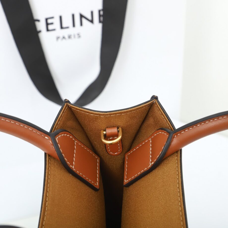 celine 194372 brown handle small cabas vertical in triomphe canvas and calfskin