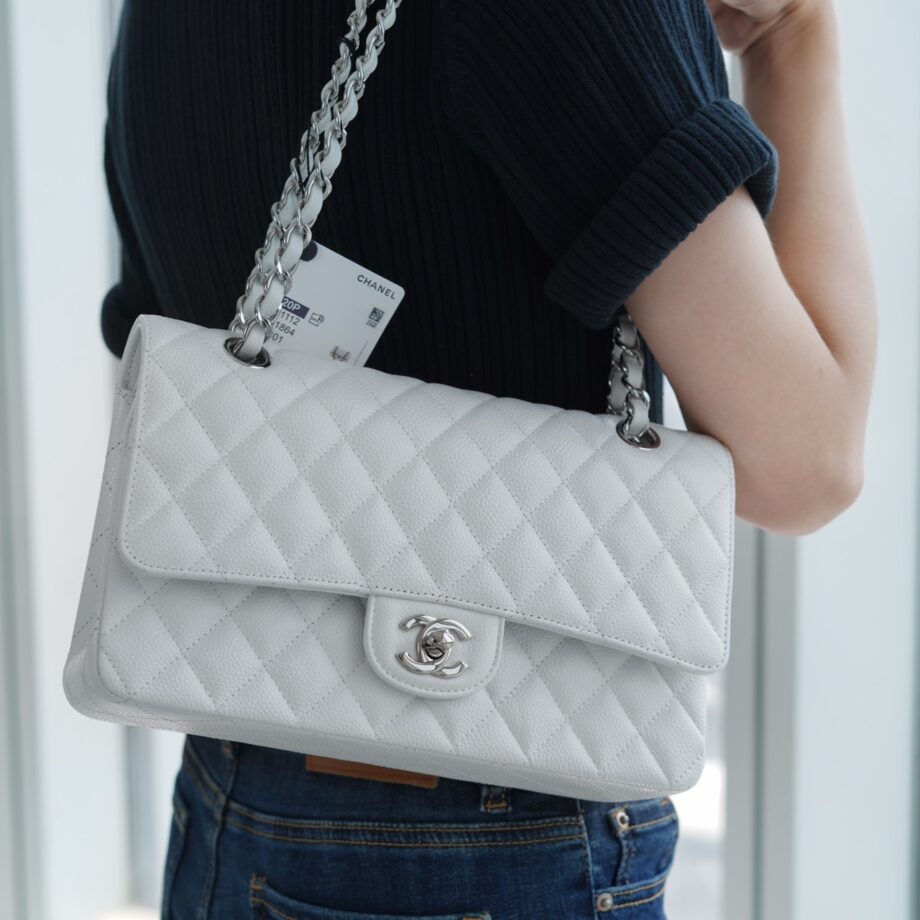 Chanel White & Silver Hardware Italian Cowhide Classic Handbag