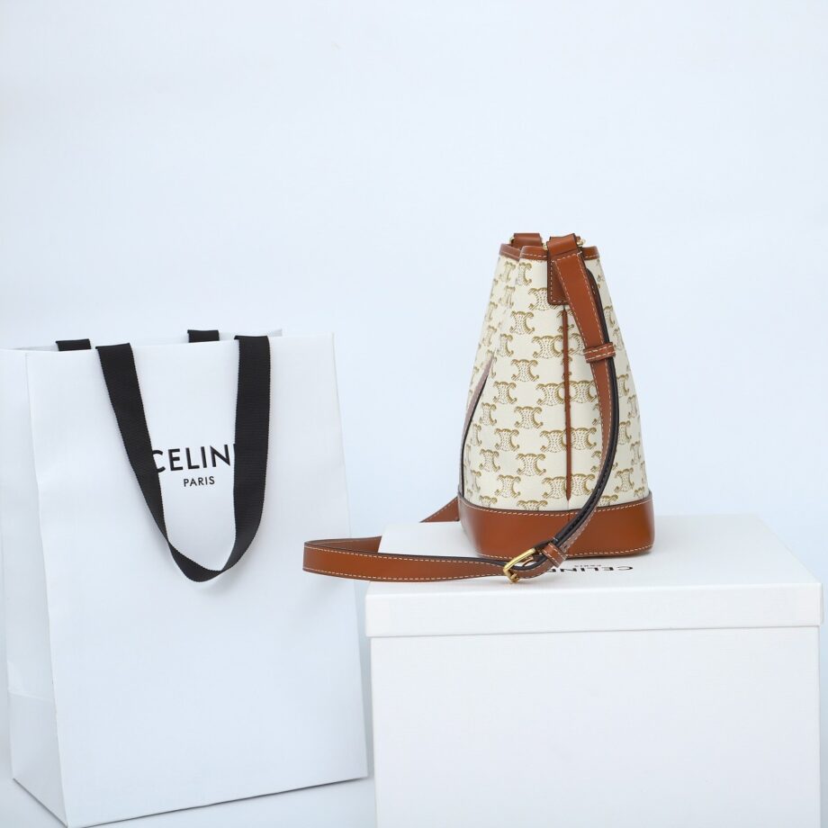 celine 191442 white small bucket in triomphe canvas and calfskin