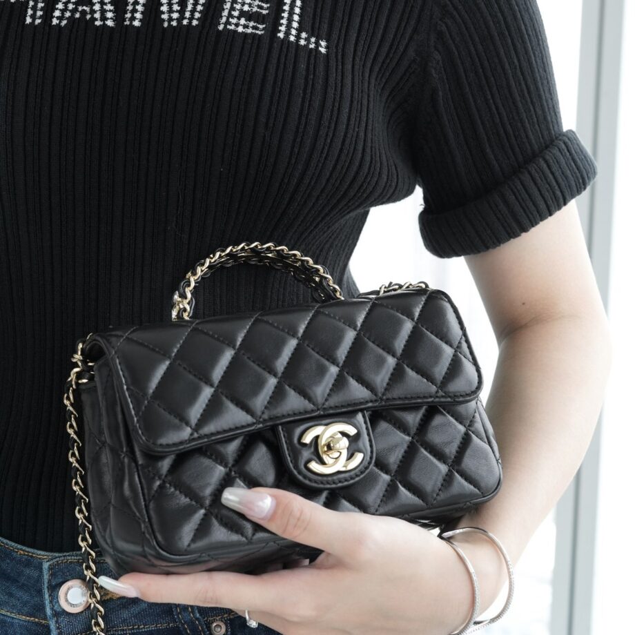 Chanel 23A Black Mini Italy Imported Lambskin Crystal Handle Mini Classic Handbag