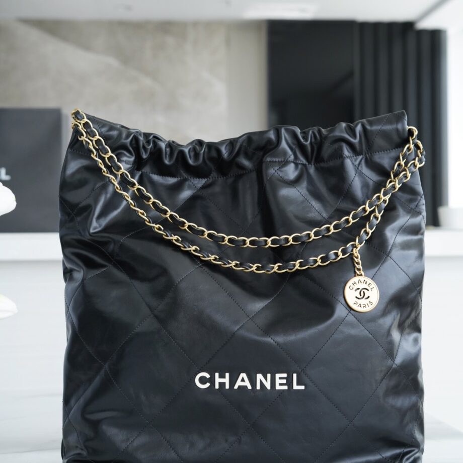 Chanel AS3262 Large Black Shiny Calfskin & Gold-Tone Metal Chanel 22 Large Handbag